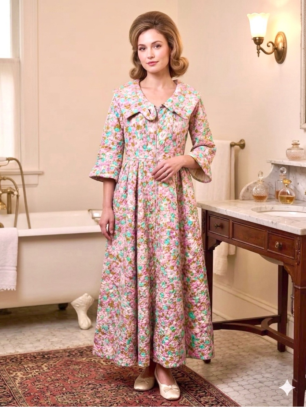 I. Magnin Quilted Floral Dressing Gown in Pink Floral